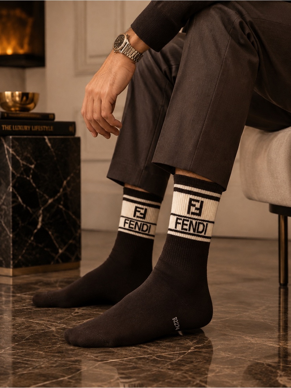 Fendi Brown and Cream Logo Crew Socks